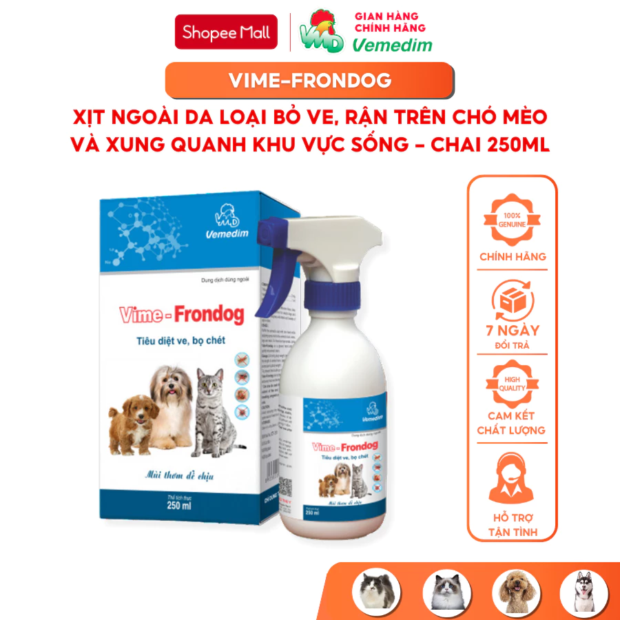 Vemedim Vime-Frondog xịt ve rận trên chó mèo và xử lý ve rận, mối, mọt, kiến, gián ngoài môi trường, chai 250ml