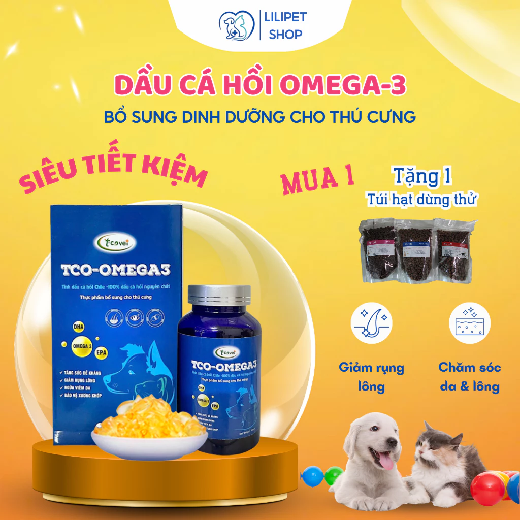 Dầu Cá Hồi cho Chó Mèo, Dầu Cá Hồi Tco-Omega 3 giúp giảm rụng lông, dầu cá hồi bổ sung Vitamin E, Omega-3, DHA